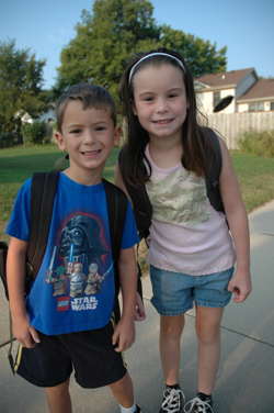 Elizabeth and Nikolai just about to get on the bus for the first day of school 2008